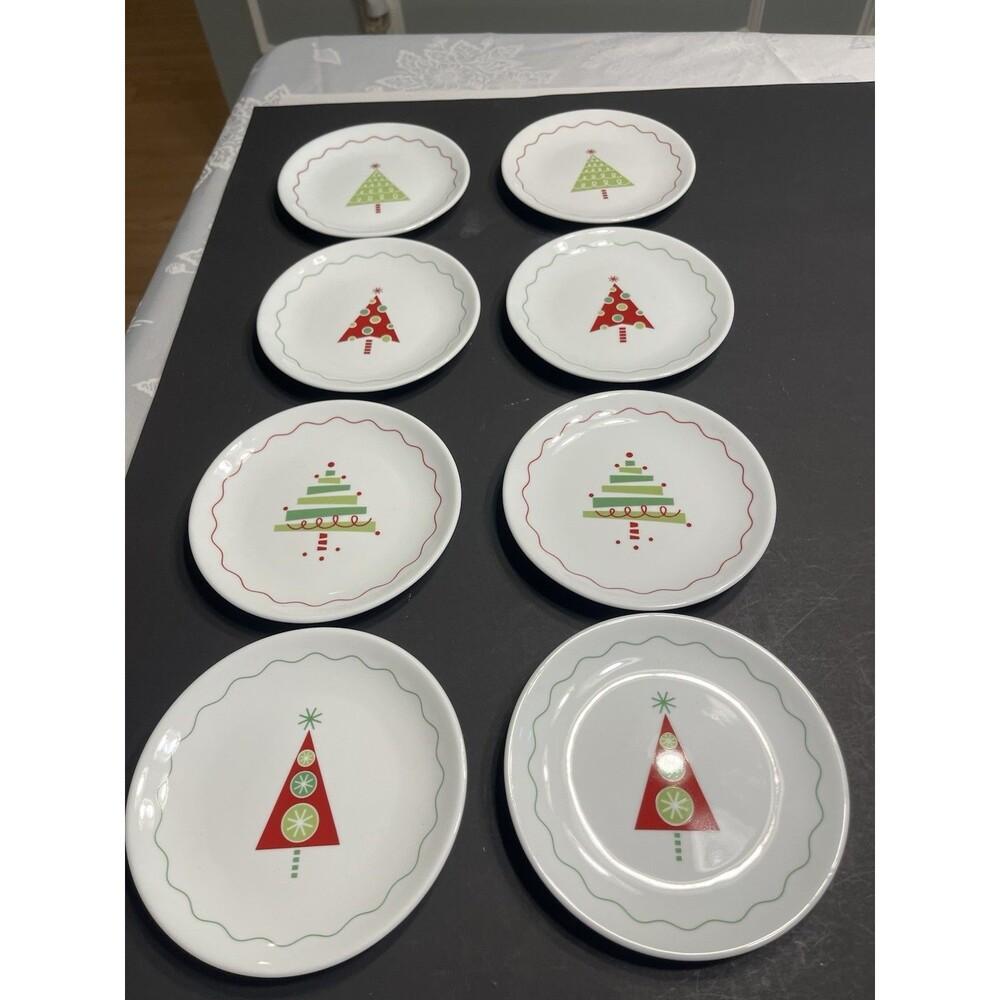 8pc Crate & Barrel Christmas Tree 6” Dessert Appetizer Plates Whimsical